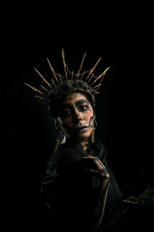 a woman with makeup and a crown on her head, inspired by Nicola Samori, pexels contest winner, apocalypto, skeleton, mid shot portrait, album cover