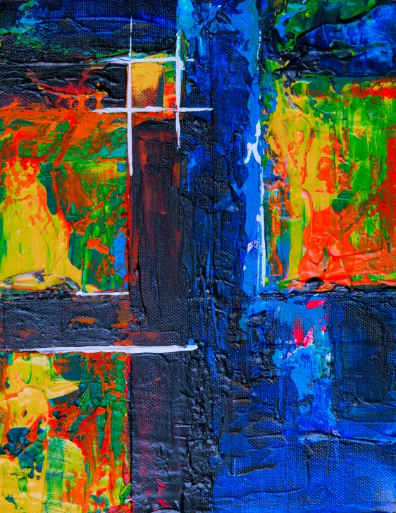 a close up of a painting on a wall, inspired by Hans Hofmann, pexels contest winner, blue, square, ilustration, night colors