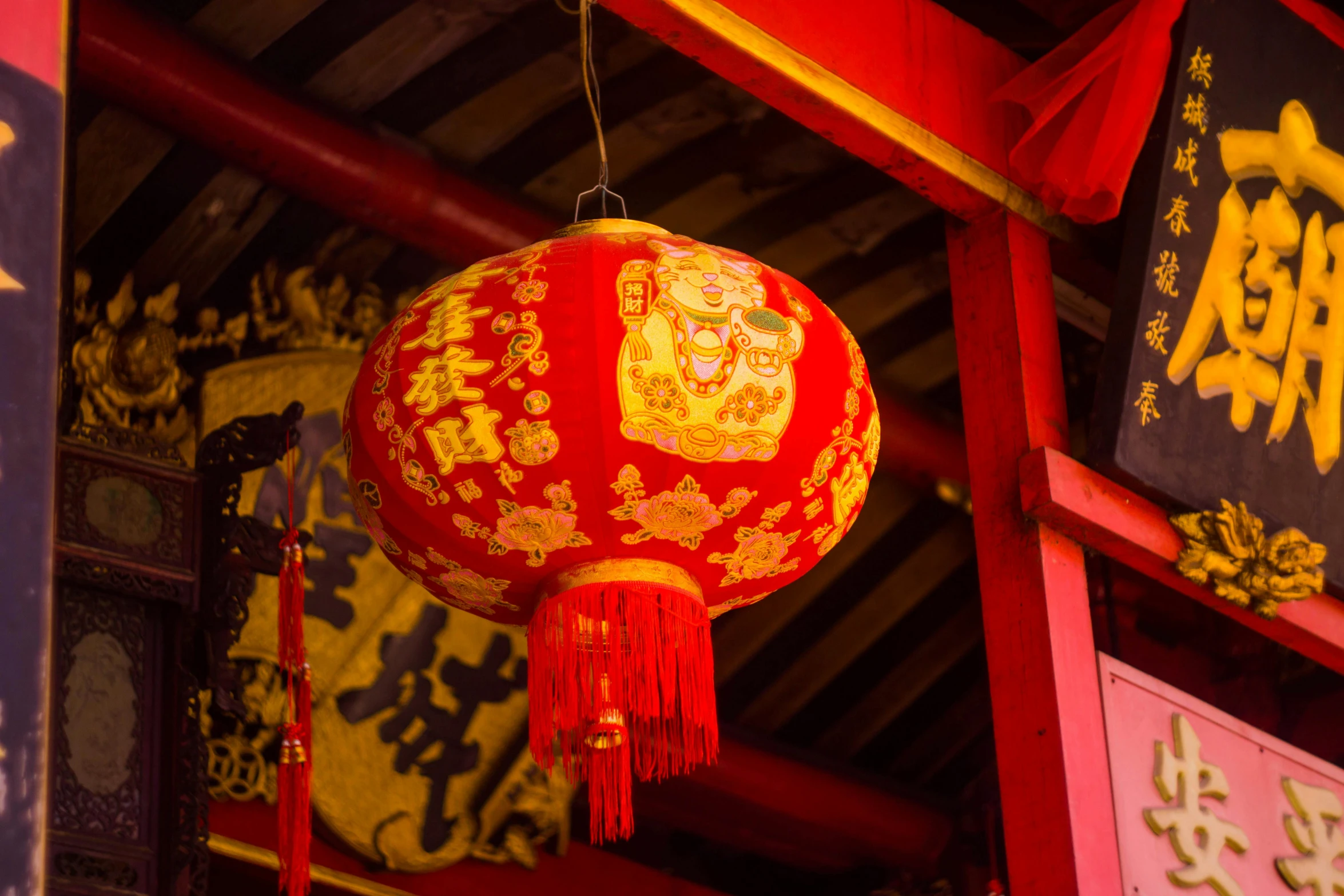 a red lantern hanging from the ceiling of a building, a picture, inspired by Gong Xian, pexels contest winner, square, inside her temple, brown, avatar image