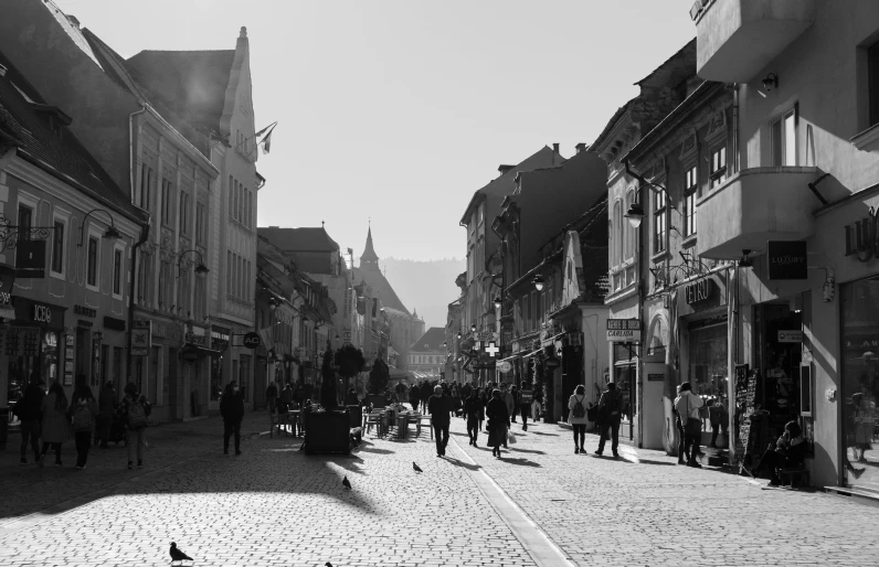 a black and white photo of people walking down a street, by Jozef Simmler, pexels contest winner, renaissance, transylvania, slightly sunny, lots of shops, crows