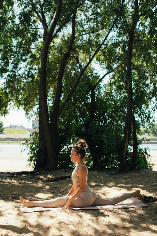 a woman sitting on a blanket in the sand, unsplash, arabesque, on a riverbank, trees in background, ballerina, low quality photo