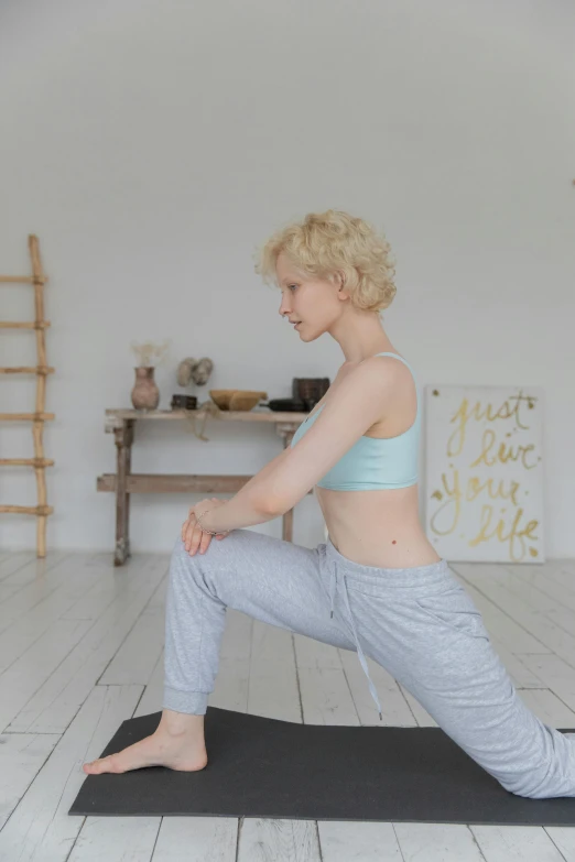 a woman doing a yoga pose on a yoga mat, a picture, by Adam Marczyński, renaissance, low quality photo, squatting, promo image, pale-skinned