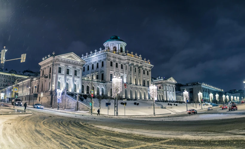 a large building sitting on the side of a road, by Andrei Kolkoutine, pexels contest winner, neoclassicism, snow glow, square, panorama, 000 — википедия