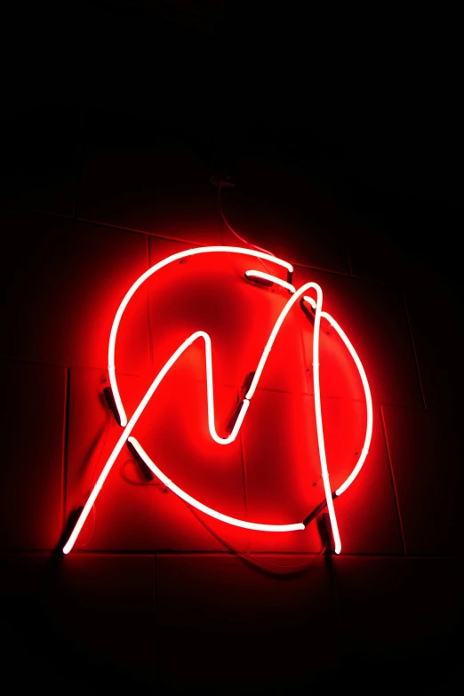 a neon sign is lit up in the dark, an album cover, by Matt Cavotta, pexels, minimalism, reds, mammoth, signed, curves