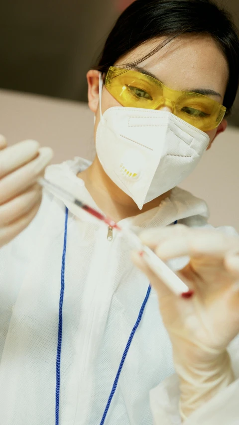 a close up of a person wearing a mask and gloves, holding a syringe, wearing lab coat and a blouse, japanese, thumbnail