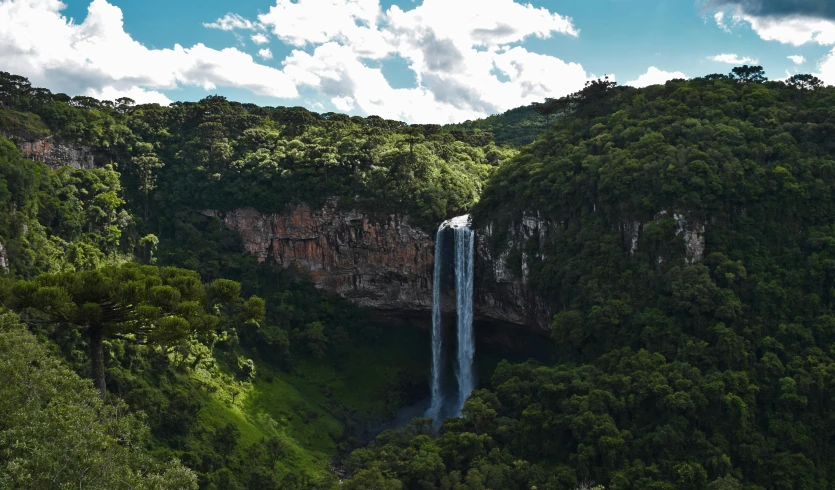 a waterfall in the middle of a lush green forest, by Daniel Lieske, pexels contest winner, hurufiyya, brazil, towering high up over your view, ultrawide landscape, thumbnail