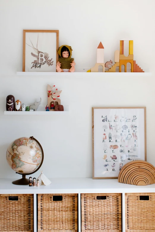 a white shelf with wicker baskets on top of it, poster art, trending on unsplash, kids toy, architect studio, on desk, jpeg artefacts on canvas