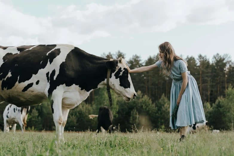 a woman in a blue dress petting a black and white cow, by Emma Andijewska, pexels contest winner, sadie sink, organic dress, an ox, angelina stroganova