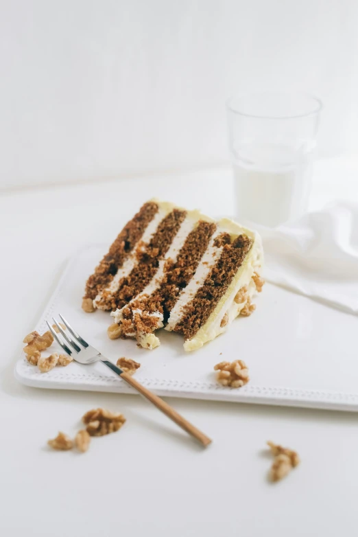 a piece of cake on a plate next to a glass of milk, unsplash, renaissance, walnut wood, multiple layers, white background and fill, made of glazed