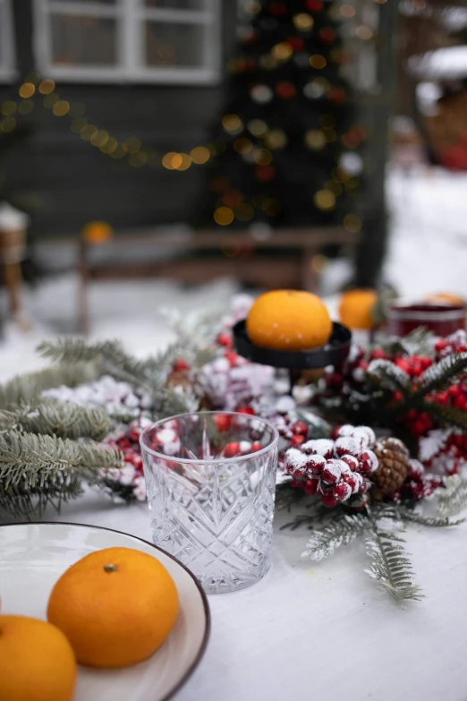 a table topped with oranges next to a christmas tree, a portrait, pexels, baroque, snow and ice, soft grey and red natural light, outdoor, glassware