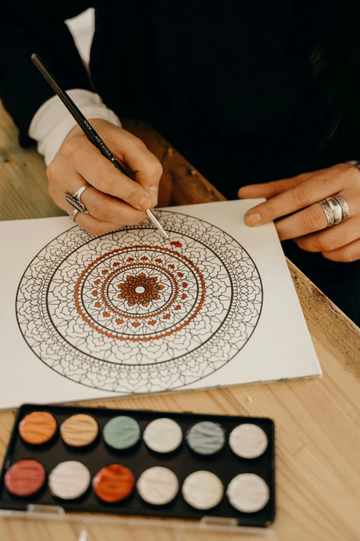 a woman sitting at a table drawing on a piece of paper, trending on pexels, arts and crafts movement, mandalas, poster colour on canvas, circle design, aboriginal art