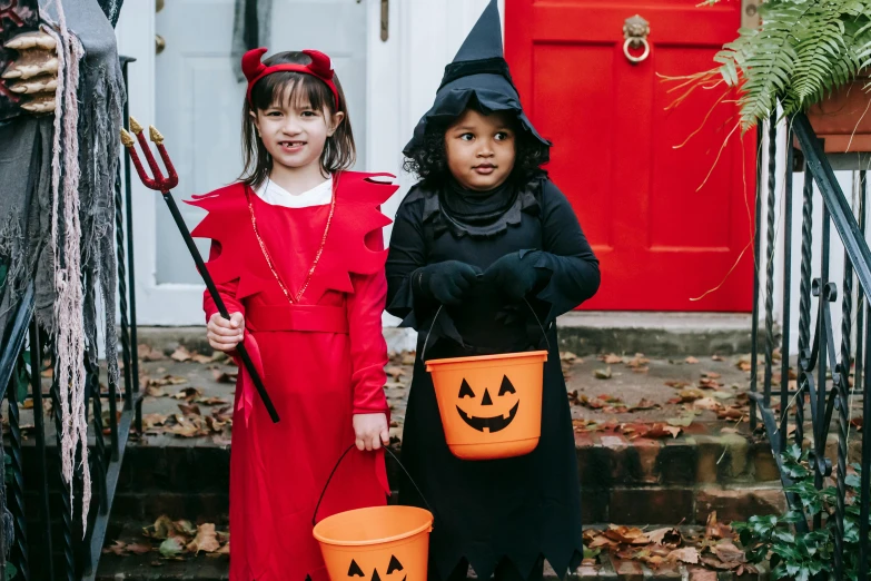 two little girls dressed up in halloween costumes, pexels, antipodeans, thumbnail, devils, 50, the gruffalo