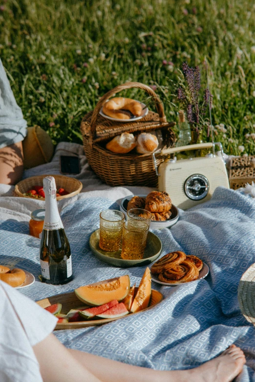 a couple of people that are sitting on a blanket, a still life, by Niko Henrichon, trending on unsplash, bagels, having a picnic, sparkling spirits, fruits in a basket