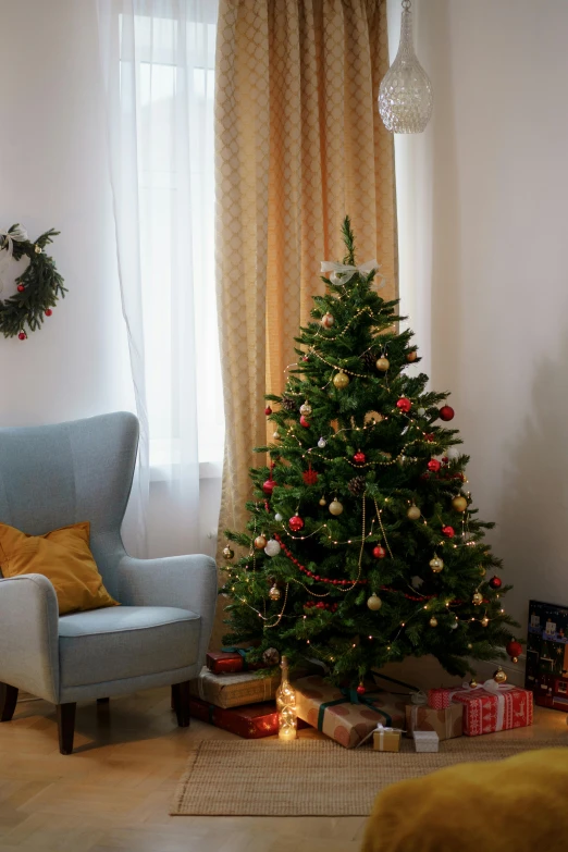 a living room filled with furniture and a christmas tree, inspired by Ernest William Christmas, arrendajo in avila pinewood, afternoon lighting