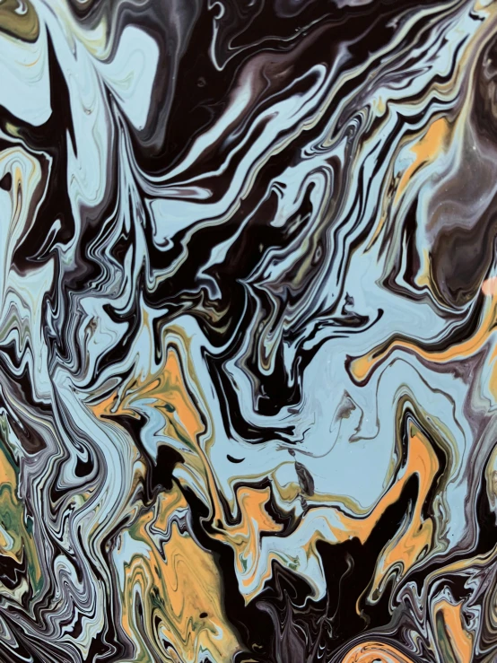 a close up of a painting on a wall, an abstract painting, trending on unsplash, black gold light blue, marbled swirls, dark chocolate painting, hallucinatory art