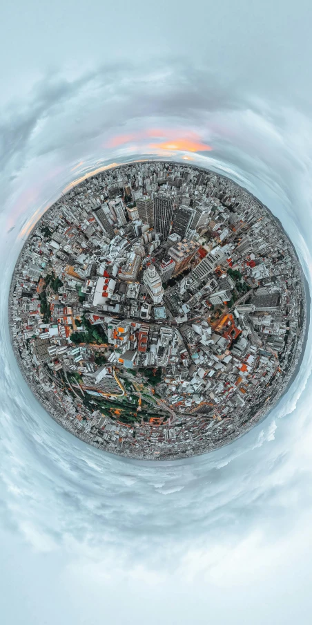 an aerial view of a city from a bird's eye view, an album cover, by Adam Marczyński, pexels contest winner, spherical, ice planet, panoramic shot, detailed and complex