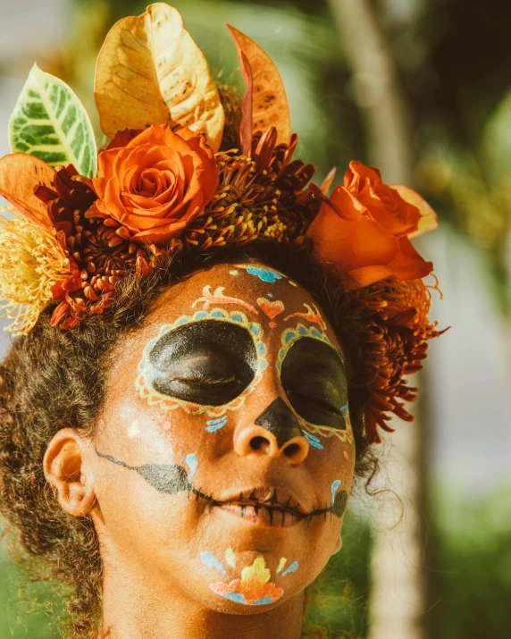 a woman with a flower crown on her head, by Hannah Tompkins, pexels contest winner, sumatraism, skull face paint, gauguin, with brown skin, wearing a fancy dress