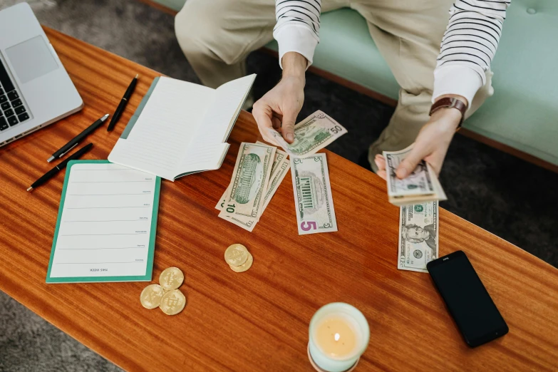 a person sitting at a table with money and a laptop, by Julia Pishtar, pexels contest winner, carson ellis, thumbnail, brittney lee, cash on a sidetable