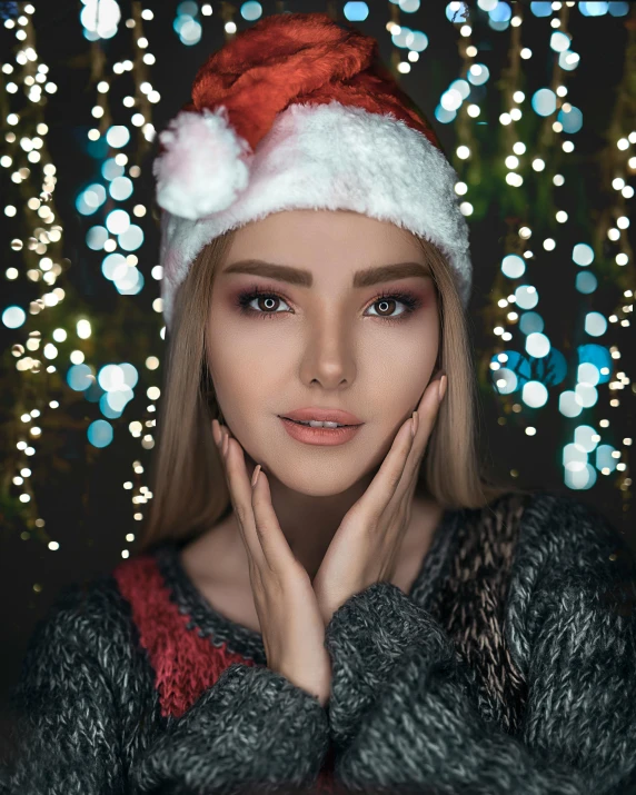 a woman wearing a santa hat posing for a picture, a colorized photo, by Julia Pishtar, trending on pexels, skin made of led point lights, cgsociety portrait, makeup. unreal engine, anna nikonova aka newmilky