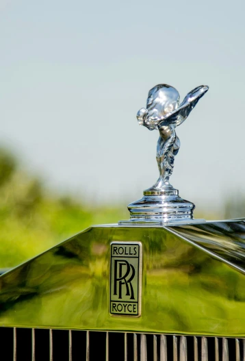 the hood ornament of a rolls royce car, by David Simpson, unsplash, square, tournament, in a scenic background, high quality photo