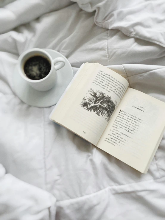 an open book sitting on top of a bed next to a cup of coffee, a photo, by Lucia Peka, unsplash contest winner, romanticism, white poet shirt, 15081959 21121991 01012000 4k, instagram story, charles baudelaire