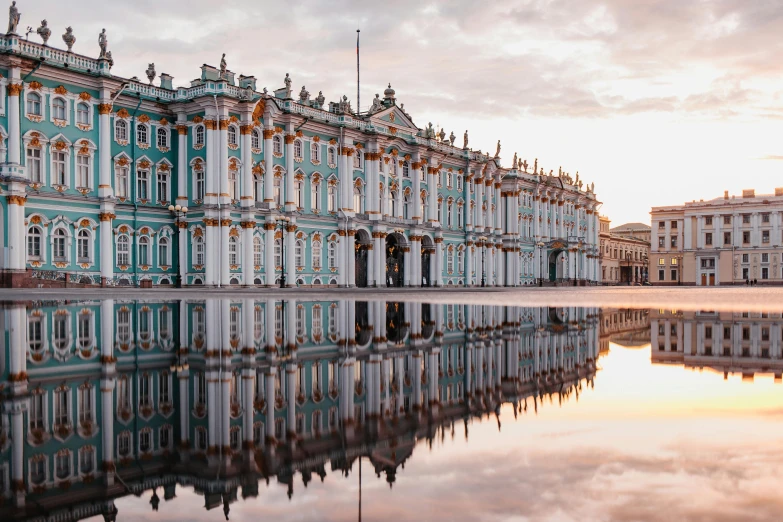 a reflection of a building in a body of water, pexels contest winner, baroque, russian neoclassicism, square, slide show, pastels