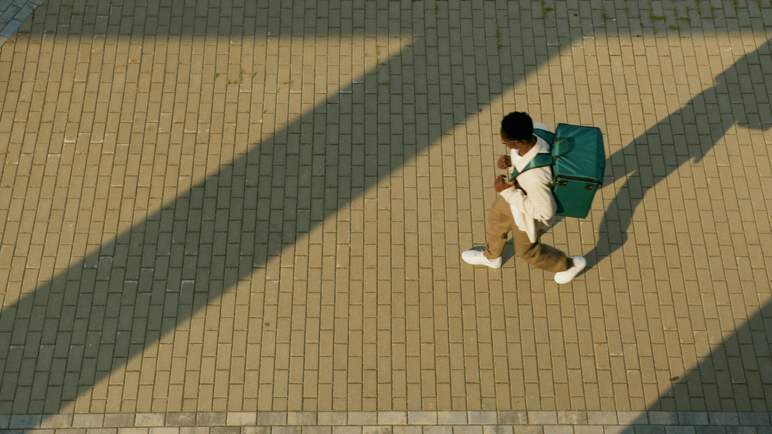 a person walking with a backpack and a dog, an album cover, by Jan Gregoor, pexels contest winner, birds - eye view, strong shadow, carrying a tray, student