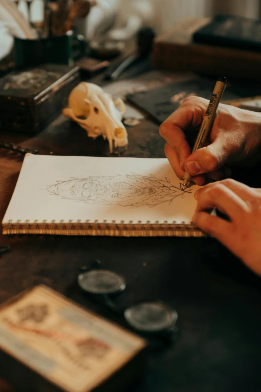 a person sitting at a table writing on a piece of paper, a drawing, by Lucas Vorsterman, trending on pexels, holding a skull staff, crafts and more, ink block painting, indi creates