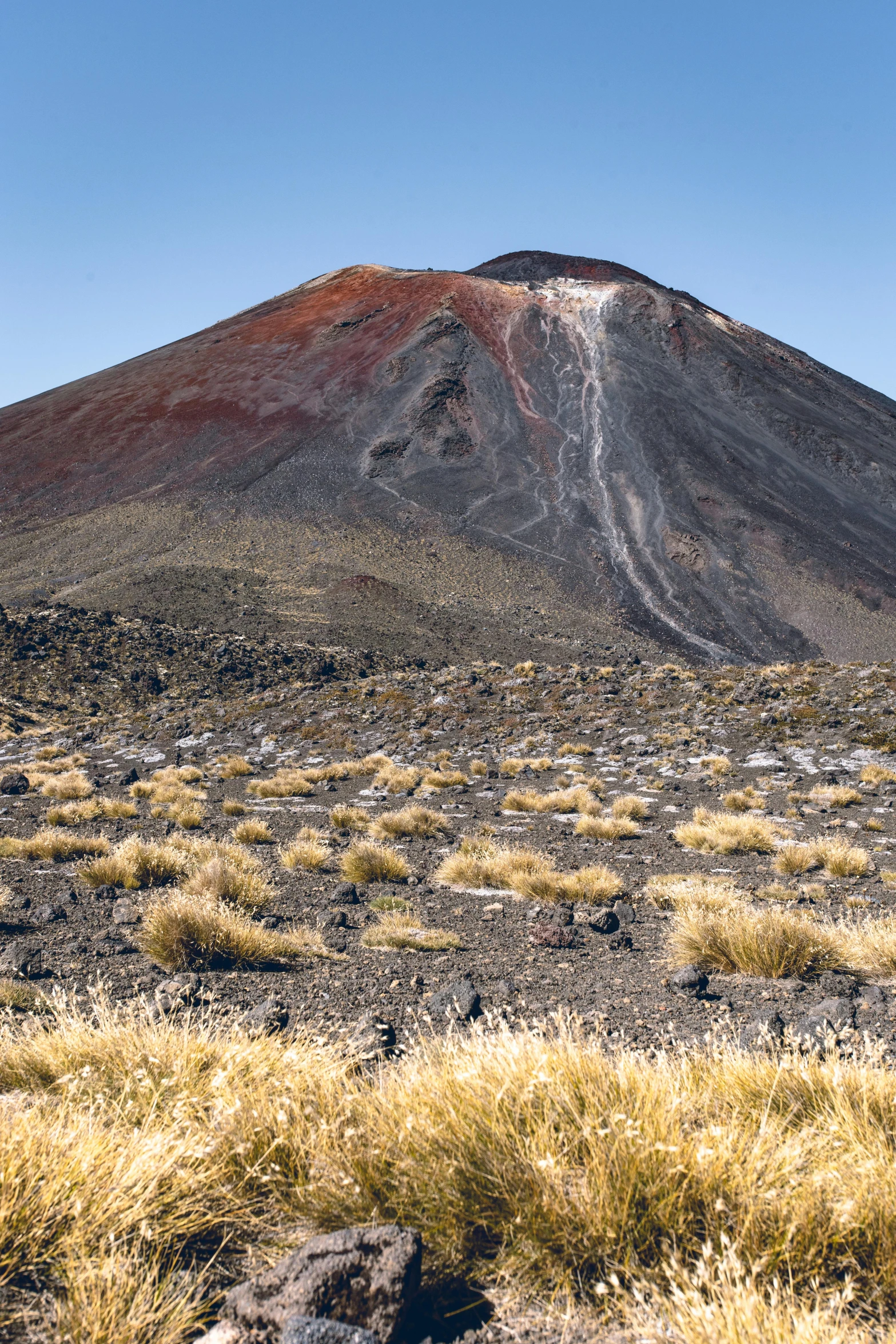 a mountain in the distance with dry grass in the foreground, by Peter Churcher, trending on unsplash, land art, body with black and red lava, te pae, dust devils, seen from a distance