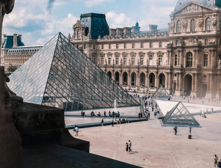 a group of people standing in front of a glass pyramid, a photo, pexels contest winner, visual art, ornate french architecture, gif, a wide open courtyard in an epic, youtube thumbnail