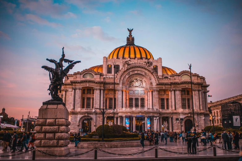 a group of people standing in front of a building, a marble sculpture, pexels contest winner, art nouveau, downtown mexico, avatar image, in the evening, 🚿🗝📝