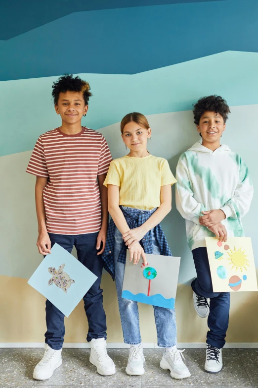 a group of children standing next to each other, a child's drawing, shutterstock contest winner, translucent pastel panels, modern casual clothing, yellow and blue color scheme, 15081959 21121991 01012000 4k