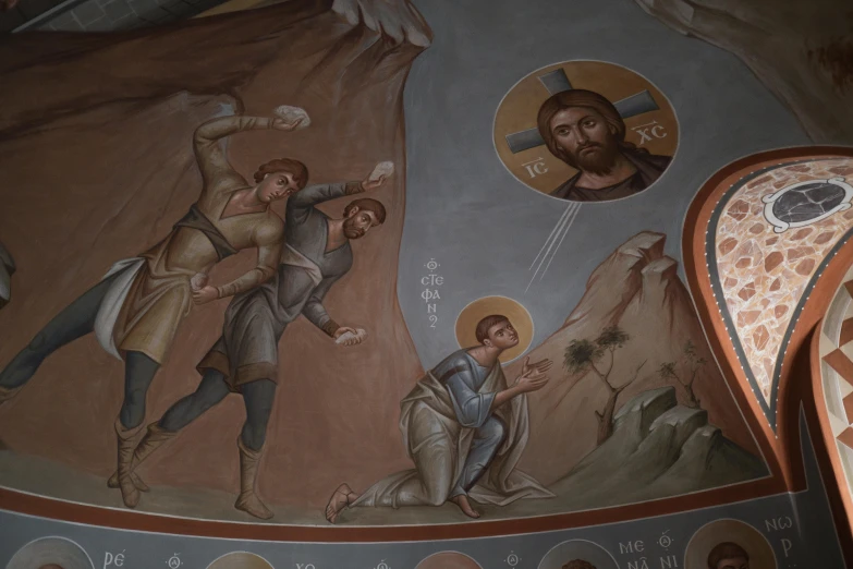 a painting on the ceiling of a church, inspired by Károly Markó the Elder, trending on pixabay, light source from the left, gray men, thumbnail, orthodox icon