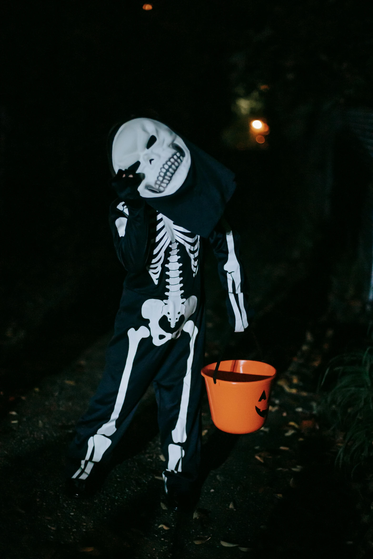 a person in a skeleton costume holding a bucket, profile image, 2019 trending photo, kid, night outside