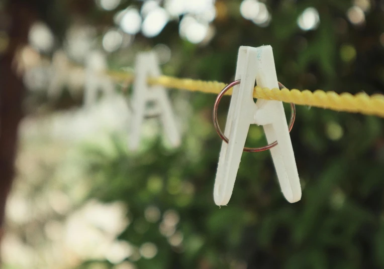 a couple of clothes pegs hanging from a clothes line, by Julian Allen, pexels contest winner, hook as ring, uppercase letter, in the garden, white finish