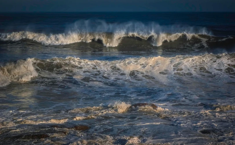 a body of water that has some waves in it, by Peter Churcher, pexels contest winner, renaissance, deep impasto, seaview, low light, high winds