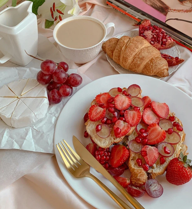 a close up of a plate of food on a table, 🎀 🍓 🧚, 2263539546], red and white colors, toast