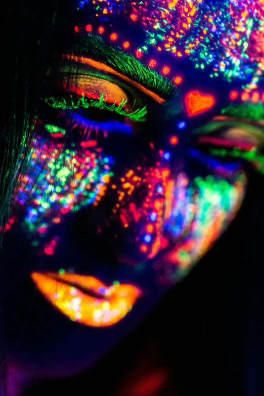 a woman with fluorescent paint on her face, psychedelic art, neon glow soft bokeh, intricate vibrant colors, warm glow, neon ligh