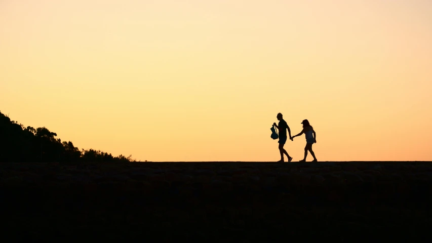 a couple of people walking across a field at sunset, pexels contest winner, minimalism, carrying survival gear, neighborhood, simple figures, making love