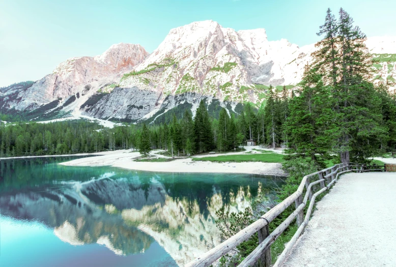 a view of a lake with mountains in the background, by Carlo Martini, pexels contest winner, lago di sorapis, panels, glossy surface, postprocessed