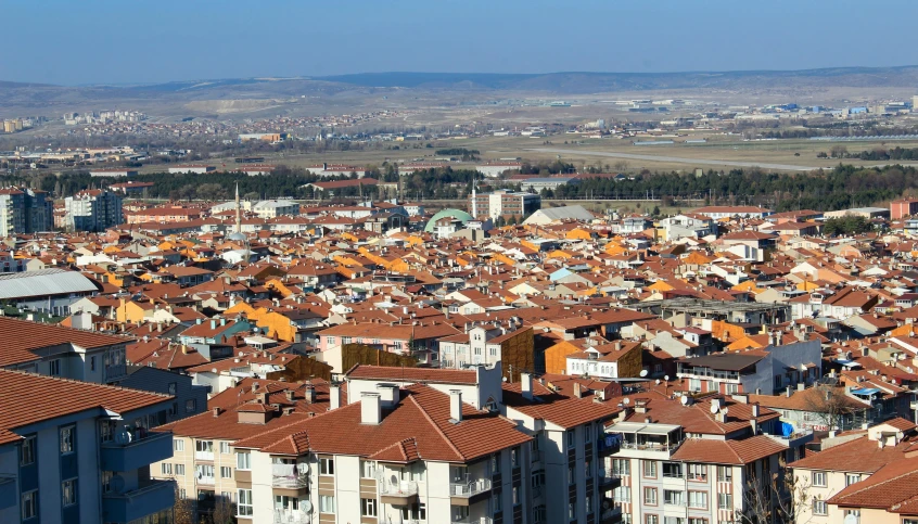 a view of a city from the top of a hill, by Yasar Vurdem, orange roof, full frame image, square, white