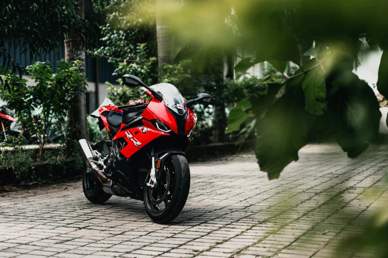 two motorcycles parked next to each other on a brick road, pexels contest winner, red armor, bmw, avatar image, gif