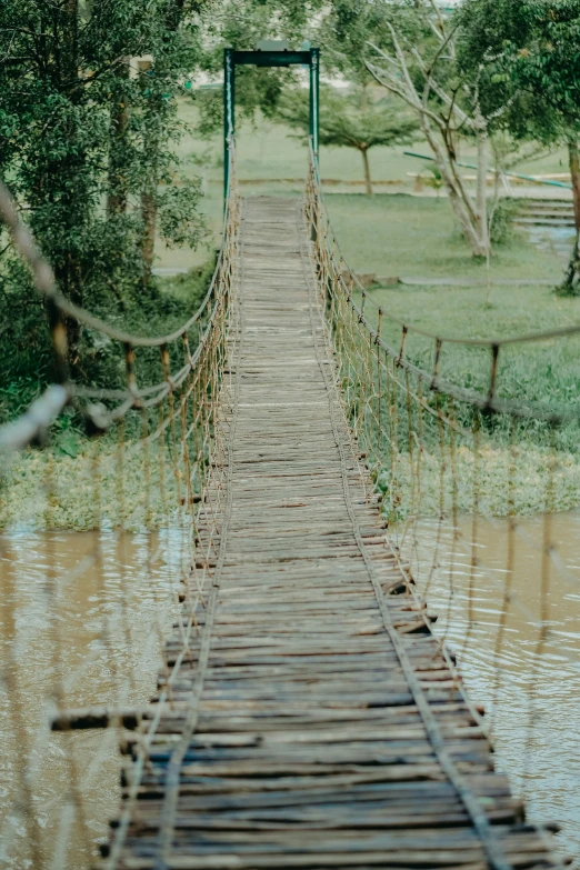 a wooden bridge over a body of water, laos, looking down, webbing, single subject