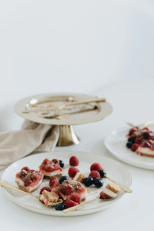 a close up of a plate of food on a table, a still life, unsplash, berries inside structure, silver gold red details, on white background, toast