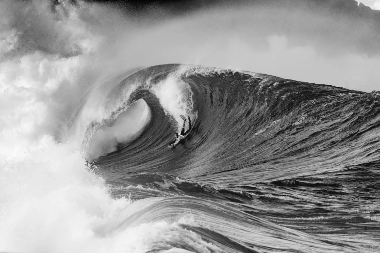 a man riding a wave on top of a surfboard, a black and white photo, by Peter Churcher, pexels contest winner, big wave and foam, immense scale, tim hildebrant, by greg rutkowski