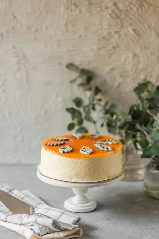 a cake sitting on top of a white cake plate, by Nicolette Macnamara, unsplash, orange theme, cheeses, savanna, chiffon