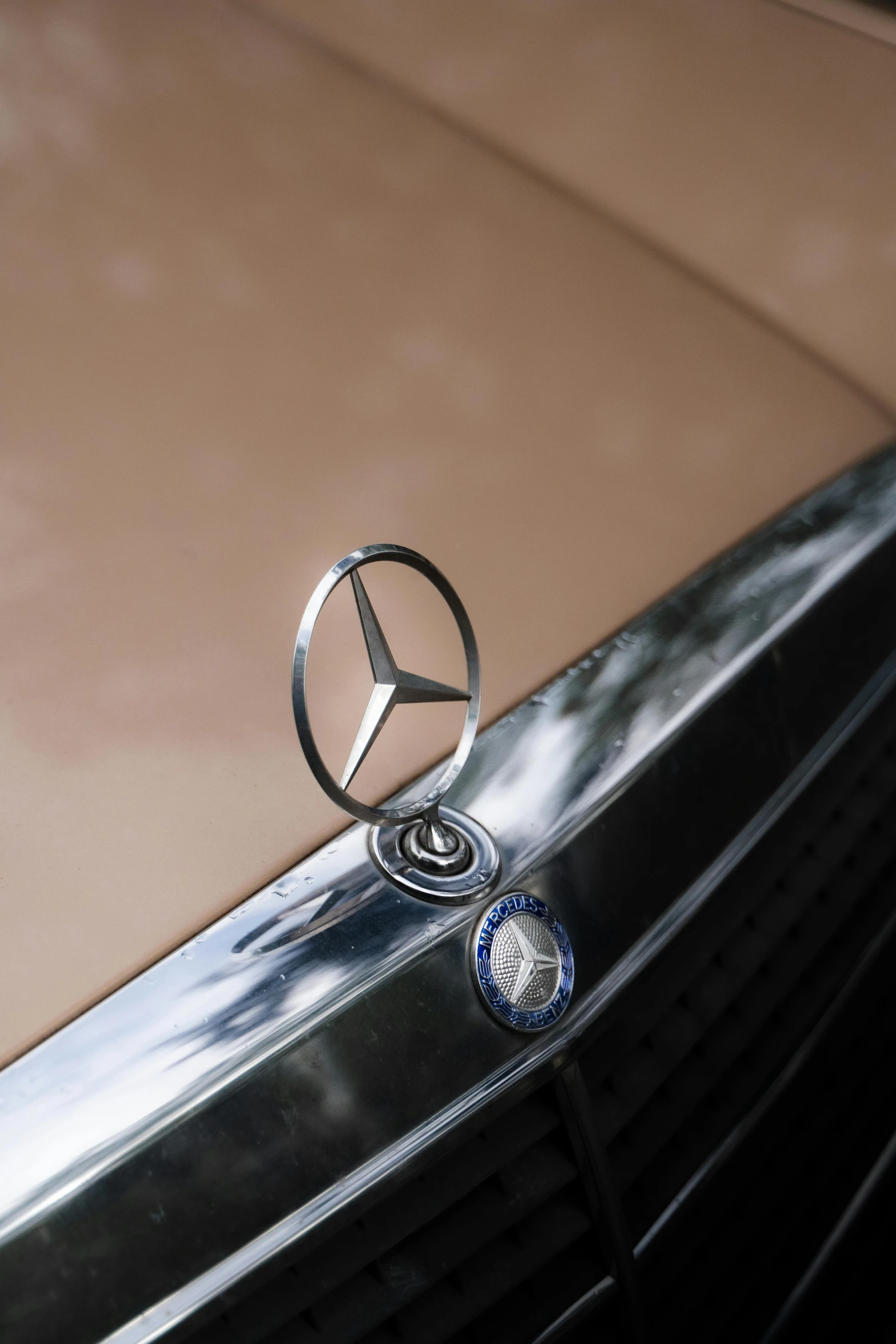 a close up of a mercedes emblem on a car, by David Simpson, unsplash, modernism, brown, 15081959 21121991 01012000 4k