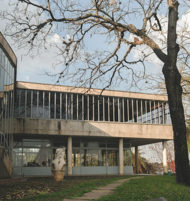 a building with a tree in front of it, inspired by Balázs Diószegi, unsplash, danube school, midcentury modern, ground - level view, old library, exterior botanical garden