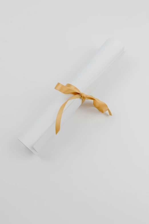 a rolled up piece of paper with a yellow ribbon, by David Simpson, visual art, matte white background, parchment, white, bl