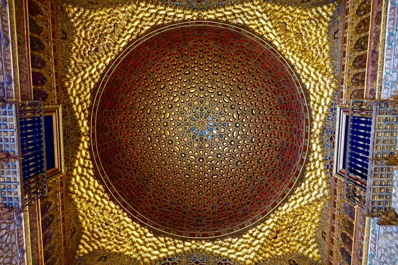a dome in the ceiling of a building, by Kamāl ud-Dīn Behzād, flickr, cloisonnism, gold leaf texture, art chuck close, “ golden cup, ornate wood